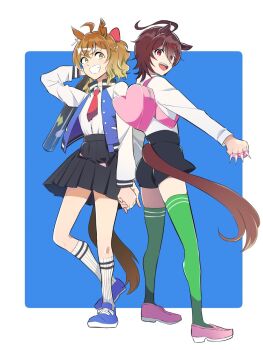  2girls agnes_tachyon_(umamusume) ahoge animal_ears backpack bag baseball_bat black_shorts black_skirt blue_shoes brown_hair commentary_request cosplay full_body green_thighhighs grin hair_ornament heart-shaped_bag heel_up highres holding_hands horse_ears horse_girl horse_tail jacket jungle_pocket_(umamusume) kunio-kun_series kyoko_(kunio-kun) kyoko_(kunio-kun)_(cosplay) letterman_jacket long_sleeves looking_at_viewer misako_(kunio-kun) misako_(kunio-kun)_(cosplay) multiple_girls notched_ear open_clothes open_jacket open_mouth pink_shoes red_eyes river_city_girls shirt shirt_tucked_in shoes short_hair shorts skirt smile socks spiked_knuckles standing tail thighhighs umamusume white_shirt white_socks x_hair_ornament yasumi_(aitne) yellow_eyes 