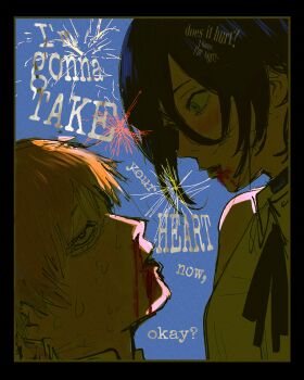  1boy 1girl absurdres bags_under_eyes black_hair blonde_hair blood blood_from_mouth breasts chainsaw_man commentary denji_(chainsaw_man) english_text hair_between_eyes highres light_blush machipachi1901 medium_breasts nosebleed reze_(chainsaw_man) shirt sleeveless sleeveless_shirt sweat white_shirt 