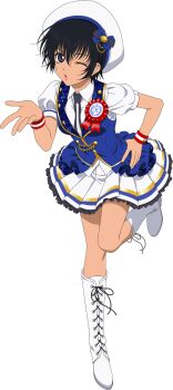  1girl ;o award_ribbon blowing_kiss blue_vest boots cuff_links game_cg grateful_blue_(idolmaster) hand_on_own_hip hat highres idolmaster idolmaster_million_live! kneehighs laces looking_at_viewer necktie official_alternate_costume official_art one_eye_closed open_mouth pleated_skirt puffy_short_sleeves puffy_sleeves purple_eyes rutee_katrea short_hair short_sleeves skirt socks solo striped_wristband tales_of_(series) tales_of_asteria tales_of_destiny transparent_background two-tone_wristband very_short_hair vest white_skirt wristband 