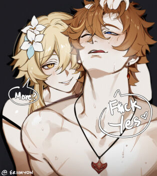  1boy 1girl artist_name assertive_female blonde_hair blue_eyes collarbone earrings eriimyon flower genshin_impact grabbing_another's_hair grabbing_another's_head hair_flower hair_ornament hetero highres holding_another's_hair jewelry lumine_(genshin_impact) necklace one_eye_closed orange_hair scar smile sweat tartaglia_(genshin_impact) yellow_eyes  rating:Questionable score:12 user:danbooru