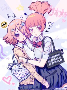  2girls asagiri_gen asymmetrical_docking bag bag_charm blue_skirt blush bow bowtie bra_visible_through_clothes bracelet breast_press breasts cardigan charm_(object) collared_shirt commentary dr._stone emoji flying_sweatdrops gyaru hair_ornament hair_over_one_eye hairclip handbag heart highres hyoga_(dr._stone) jewelry looking_at_viewer luna_wright makeup medium_breasts medium_hair momiji_homura multiple_girls open_cardigan open_clothes panties parted_lips pink_eyes pink_hair pleated_skirt ponytail red_bow red_bowtie school_uniform see-through_clothes shirt shishkanyaa short_hair skirt squiggle star_(symbol) star_hair_ornament symbol-only_commentary symmetrical_docking thighhighs underwear white_shirt 