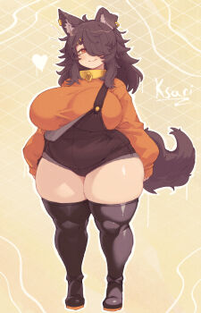  1girl animal_ear_fluff animal_ears breasts brown_hair brown_tail dog_ears dog_tail full_body hair_ornament hair_over_one_eye hairclip heart highres huge_breasts long_hair long_sleeves looking_at_viewer notice_lines orange_eyes original outline overalls plump sillydogjoe smile solo split_mouth standing tail thick_eyebrows thick_thighs thighhighs thighs white_outline wide_hips yellow_background  rating:Sensitive score:17 user:danbooru