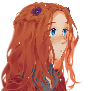  1girl absurdres blue_eyes blue_shirt blurry blush collared_shirt commentary cytise diana_(kyokugen_dasshutsu) english_commentary eyelashes flower freckles hair_flower hair_ornament highres kyokugen_dasshutsu long_hair orange_hair portrait purple_flower red_sweater shirt shirt_under_sweater simple_background solo sparkle sweater white_background zero_escape:_toki_no_dilemma  rating:General score:2 user:danbooru