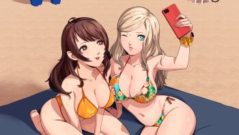  2girls :p beach beach_towel bikini blonde_hair blue_eyes breasts brown_eyes brown_hair cleavage collarbone commentary eightyfourart english_commentary floral_print floral_print_bikini hair_down highres in-franchise_crossover kujikawa_rise large_breasts long_hair multiple_girls one_eye_closed parted_lips persona persona_4 persona_5 print_bikini scrunchie selfie swimsuit takamaki_anne tongue tongue_out towel very_long_hair wavy_hair wrist_scrunchie 