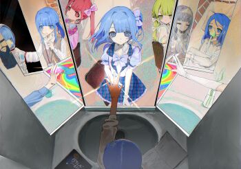  3girls absurdres astronaut bed blonde_hair blue_eyes blue_hair blue_skirt bow closed_eyes different_reflection hair_bow hayu_(hayu0305) highres hospital_bed id_card long_hair long_sleeves lying multiple_girls multiple_views original outstretched_arm oxygen_mask red_eyes red_hair reflection reflection_focus sick skirt sweater_vest triangular_headpiece twintails under_covers yellow_eyes 