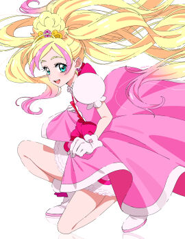  1girl blonde_hair blue_eyes bow commentary_request cure_flora dress dress_bow earrings floating_hair gloves go!_princess_precure gradient_hair haruno_haruka highres jewelry long_hair looking_at_viewer magical_girl multicolored_hair on_one_knee open_mouth pink_bow pink_dress pink_hair precure puffy_short_sleeves puffy_sleeves shirako_love shoes short_sleeves simple_background skirt_hold smile solo streaked_hair teeth two-tone_hair upper_teeth_only very_long_hair white_background white_gloves white_shoes white_sleeves 