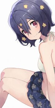  1girl arm_support bikini black_hair breasts closed_mouth commentary_request frilled_bikini frills from_side hair_ornament head_tilt highres hiroki_(yyqw7151) invisible_floor legs_together looking_at_viewer looking_to_the_side mismatched_bikini mizuno_ai red_eyes short_hair simple_background sitting small_breasts smile swimsuit white_background white_bikini zombie zombie_land_saga  rating:Sensitive score:27 user:danbooru