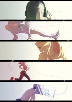  5girls black_hair black_pants blonde_hair blue_nails commentary earpiece english_commentary from_behind grey_hair headphones highres hiodoshi_ao holding holding_ticket hololive hololive_dev_is ichijou_ririka jogging juufuutei_raden long_hair multicolored_hair multiple_girls music otonose_kanade pants pov pov_hands red_hair regloss_(hololive) sawari_66 shoes singing sneakers stretching ticket todoroki_hajime two-tone_hair virtual_youtuber wristband 