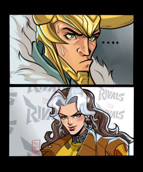  1boy 1girl absurdres black_border bodysuit border cape closed_mouth colored_bangs commentary english_commentary green_bodysuit green_eyes highres horns leather loki_(marvel) long_hair marvel marvel_rivals meme multicolored_bodysuit multicolored_hair power_connection rogue_(x-men) simple_background smile superhero_costume sweat tazahan thor_(marvel)_(series) two-tone_bodysuit two-tone_hair x-men yellow_bodysuit zoolander_stare_(meme) 