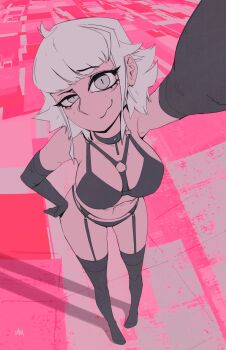  1girl :3 arm_up black_bra black_choker black_gloves black_panties black_thighhighs bra breasts choker closed_mouth commentary elbow_gloves english_commentary from_above full_body garter_belt gloves grey_eyes grey_hair highres large_breasts looking_at_viewer original panties pink_background selfie shibansfw short_hair sidelocks smile solo standing thighhighs underwear underwear_only uneven_eyes 