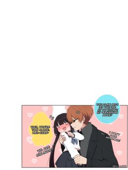  0_0 1boy 1girl :3 absurdres anger_vein arm_around_shoulder black_hair black_jacket blush brother_and_sister brown_hair commentary eleazarmikai embarrassed english_commentary english_text flying_sweatdrops full-face_blush green_eyes grey_shirt heart heart_background highres holding_another's_wrist jacket kanna_(eleazarmikai) long_hair midriff_peek motion_lines nervous_sweating onii-chan_(eleazarmikai) open_mouth original shirt short_hair siblings smile sweat teeth turtleneck turtleneck_shirt twintails very_long_hair white_shirt 