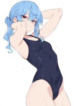  1girl absurdres alternate_costume armpits arms_behind_head arms_up bare_arms blue_eyes blue_hair bluefield breasts commentary competition_swimsuit covered_navel double-parted_bangs hair_between_eyes highleg highleg_one-piece_swimsuit highres hololive hoshimachi_suisei long_hair looking_at_viewer one-piece_swimsuit parted_lips ponytail school_swimsuit sidelocks simple_background small_breasts solo star_(symbol) star_in_eye swimsuit symbol_in_eye virtual_youtuber wet white_background 