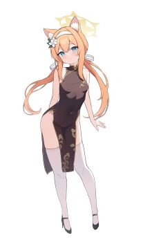1girl absurdres alternate_costume animal_ears bare_arms bare_shoulders black_dress black_footwear blue_archive blue_eyes breasts closed_mouth covered_navel dress feet_out_of_frame female_focus flower full_body gold_trim hair_flower hair_ornament hair_ribbon hairband halo high_heels highres long_hair looking_at_viewer low_twintails mari_(blue_archive) no_panties nonddu orange_hair pelvic_curtain ribbon side-tie_dress simple_background sleeveless sleeveless_dress small_breasts solo standing thighhighs thighs twintails white_background white_thighhighs rating:Sensitive score:60 user:danbooru
