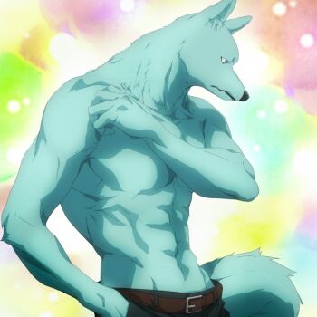 1boy animal_ears anime_screenshot belt blue_fur body_fur dog_boy dog_ears dog_tail furry furry_male hidaka_tsunagu kimi_to_koete_koi_ni_naru male_focus muscular muscular_male pants rainbow_background solo stitched tail third-party_edit