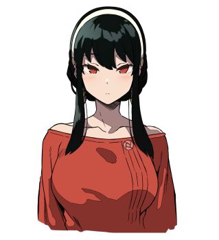  1girl absurdres batta_16-sei black_hair breasts closed_mouth collarbone commentary_request cropped_torso hairband highres large_breasts looking_at_viewer off-shoulder_sweater off_shoulder red_eyes red_sweater simple_background solo spy_x_family straight-on sweater white_background white_hairband yor_briar  rating:General score:17 user:danbooru