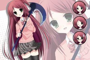  1girl 2000s_(style) :o ;d akabane_youko akabane_youko_(1st_costume) bespectacled black_thighhighs blush bow bowtie breasts cardigan collared_shirt comedic_sweatdrop contrapposto drop_shadow fang faux_retro_artstyle floating_clothes glasses green_eyes grey_skirt hair_ornament hair_scrunchie holding holding_scythe long_hair long_sleeves looking_at_viewer multiple_expressions multiple_views nijisanji one_eye_closed one_side_up open_mouth p8vpdb parted_bangs pink_cardigan plaid_bow plaid_bowtie plaid_clothes plaid_skirt pleated_skirt raised_eyebrows red-framed_eyewear red_bow red_bowtie red_hair red_scrunchie school_uniform scrunchie scythe semi-rimless_eyewear shirt sidelocks skirt small_breasts smile solo surprised sweatdrop thighhighs under-rim_eyewear very_long_hair virtual_youtuber white_shirt zettai_ryouiki zoom_layer 