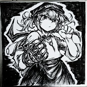  1girl absurdres chinese_commentary closed_mouth collared_shirt commentary_request cowboy_shot crowbar flat_cap gauntlets hair_bobbles hair_ornament hat highres holding holding_crowbar jewelry kawashiro_nitori key key_necklace looking_at_viewer necklace shirt single_gauntlet skirt sleeves_rolled_up solo touhou two_side_up xiao'an_de_kaoroufan 