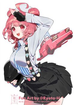  1girl ahoge artist_name black_gloves black_skirt blush breasts car double_bun fingerless_gloves gloves grey_shirt hair_bun hat highres long_sleeves motor_vehicle necktie open_mouth pink_eyes pink_hair ryota-h shirt skirt solo teeth upper_teeth_only virtual_youtuber vspo! white_background yumeno_akari  rating:Sensitive score:2 user:dbdbqpqp