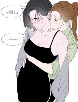  0820_lakia 2girls black_dress black_hair blush breasts brown_hair cleavage commentary_request dress green_shirt highres hug hug_from_behind korean_commentary korean_text large_breasts long_hair mole mole_on_breast mole_on_neck multiple_girls original parted_lips ponytail shirt simple_background speech_bubble translation_request white_background yuri 