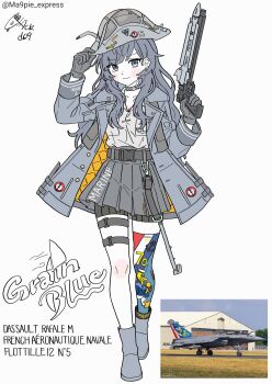  1girl aircraft airplane artist_name asymmetrical_legwear black_gloves black_shorts black_skirt blackd09 blue_eyes blue_hair boots choker coat dassault_rafale english_text fighter_jet gloves gun handgun hat highres holding holding_weapon humanization long_hair looking_at_viewer messy_hair mica_(missile) military_vehicle original overcoat personification shirt shorts simple_background skirt smile solo thigh_strap unfinished weapon white_background white_shirt 