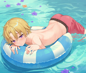  1boy absurdres ass blonde_hair blush ear_piercing flower_on_liquid highres innertube konmamion lying male_focus male_swimwear on_stomach original partially_submerged petals petals_on_liquid piercing pool purple_eyes red_male_swimwear short_hair shota solo swim_ring swim_trunks swimsuit topless_male water wet 