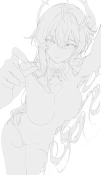  1girl aemeath_(wuthering_waves) ahoge breasts closed_mouth commentary_request completely_nude dutch_angle expressionless fingernails greyscale hair_intakes hair_ornament haku89 hand_up highres large_breasts looking_at_viewer lying mole mole_on_shoulder monochrome navel nipples nude on_side simple_background solo star-shaped_pupils star_(symbol) stomach symbol-shaped_pupils tearing_up thighs unfinished white_background wuthering_waves 