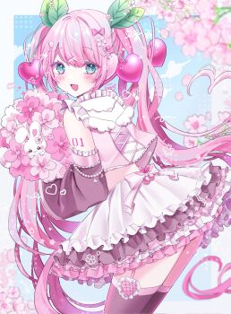  1girl aqua_eyes arm_tattoo blush bouquet bow cherry_blossoms chibana_sora commentary_request detached_sleeves falling_petals flower hair_between_eyes hair_bow hair_ornament hatsune_miku highres holding holding_bouquet layered_skirt long_hair long_sleeves looking_at_viewer looking_back number_tattoo open_mouth petals pink_bow pink_flower pink_hair pink_petals pink_skirt pink_sleeves pink_thighhighs sakura_miku skirt smile solo tattoo thighhighs twintails very_long_hair vocaloid white_skirt 