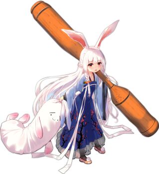  1girl animal_ears animal_print ark_order blue_dress braid carrot_hair_ornament chinese_clothes crescent_print dress flats floral_print food-themed_hair_ornament full_body hair_ornament hanfu holding holding_mallet holding_stuffed_toy kine leaning_forward long_hair long_sleeves looking_at_viewer mallet mole mole_under_eye moon_rabbit_(ark_order) official_art open_mouth pink_shoes pom_pom_(clothes) qixiong_ruqun rabbit_ears rabbit_girl rabbit_print rabbit_tail red_eyes shawl shoboon shoes side_braid sidelocks solo standing stuffed_animal stuffed_rabbit stuffed_toy tachi-e tail transparent_background usagi_kine very_long_hair white_hair wide_sleeves you_ni_ge_shaobing 