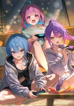  3girls :d :o ahoge aqua_hair asymmetrical_sidelocks barefoot black_camisole black_shorts blue_eyes blue_hair blunt_bangs blurry blurry_foreground braid breasts camisole cleavage colored_inner_hair commentary controller couch double-parted_bangs dualshock english_commentary game_controller gamepad gradient_hair green_eyes grey_jacket hair_between_eyes hair_ornament hairclip highres holding holding_controller holding_game_controller hololive hood hooded_jacket hoshimachi_suisei indian_style indoors jacket long_hair low_twin_braids midriff minato_aqua multicolored_hair multiple_girls navel on_couch on_floor open_mouth parallel_hairclips pink_eyes pink_hair pink_jacket playstation_controller ponytail purple_hair sa-ya2 short_hair shorts side_braids sidelocks sitting small_breasts smile star_(symbol) star_in_eye startend_(hololive) symbol_in_eye tokoyami_towa twin_braids v-shaped_eyebrows virtual_youtuber wavy_mouth white_camisole white_shorts 