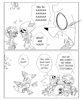 amy_rose apologizing child dress fangs gloves grin halloween halloween_costume highres knuckles_the_echidna lying majin_sonic mask medium_hair scared sega smile sonic_(series) sonic_cd sonic_r sonic_the_hedgehog sonic_the_hedgehog_(classic) sonic_x spiked_hair stuffed_animal stuffed_toy tails_(sonic) tails_doll tears tiolimond tms_entertainment