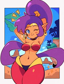  1girl ;) absurdres arms_behind_head bandeau blue_eyes blush_stickers border breasts commentary cowboy_shot earrings english_commentary harem_outfit harem_pants highres hoop_earrings jewelry long_hair medium_breasts navel one_eye_closed outline outside_border paid_reward_available pants pointy_ears ponytail purple_hair red_bandeau red_pants shantae shantae_(series) smile solo standing tiara_miss_tsu very_long_hair white_border white_outline 