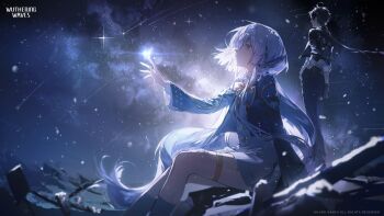  1boy 1girl absurdres black_hair black_jacket black_pants bow bowtie closed_mouth commentary dress english_commentary grey_dress grey_hair hand_up highres jacket logo long_hair looking_up male_rover_(wuthering_waves) mornye_(wuthering_waves) night orange_bow orange_bowtie outdoors outstretched_arm pants red_eyes rover_(wuthering_waves) school_uniform sitting sky solo standing star_(sky) starry_sky tacet_mark_(wuthering_waves) thighhighs very_long_hair white_thighhighs wuthering_waves 