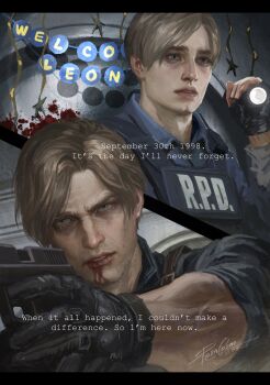  1boy absurdres before_and_after blonde_hair blood gun highres holding holding_gun holding_weapon j_kaluzhnaya leon_s._kennedy light_machine_gun machine_gun male_focus police police_uniform remembering resident_evil resident_evil_requiem rpd solo split_theme weapon 