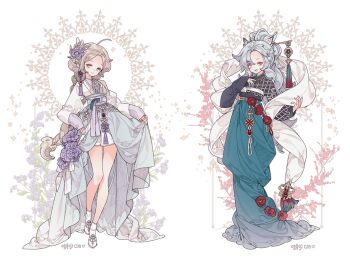  1girl art_nouveau bow braid brown_hair chinese_peony collage commentary curtsey dress dress_bow dress_flower embroidery eyeliner fashion floral_background flower frilled_dress frills girdle gold_embroidery gown grey_hair jo_lolita korean_clothes lemon89h lipstick lolita_fashion makeup original ornate_clothes peony_(flower) pink_eyeliner rococo_movement shawl 