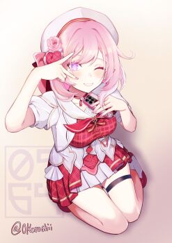  0kuroshii 1girl ;) beret breasts commentary diamond-shaped_pupils diamond_(shape) elf elysia_(hi_love_elf)_(honkai_impact) elysia_(honkai_impact) english_commentary grey_skirt hat highres honkai_(series) honkai_impact_3rd large_breasts long_hair looking_at_viewer one_eye_closed pink_hair pointy_ears purple_eyes red_shirt seiza shirt simple_background sitting skirt smile solo symbol-shaped_pupils thigh_strap twitter_username v v_over_eye very_long_hair 