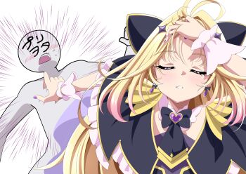  1boy 1girl absurdres blonde_hair capelet commentary_request cure_arcana_shadow frilled_capelet frills hair_slicked_back hand_in_own_hair hand_on_own_head highres long_hair meitantei_precure! meme moria_luluka naoya_hitting_choso_without_looking_(meme) precure purple_nails s-operator smear_frame teeth white_background 