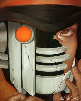  1boy 1other artist_name atalajoestar black_hair black_hat brown_eyes close-up commentary cracked_kawaii_mask english_commentary eye_focus hat highres holding jojo_no_kimyou_na_bouken jojolion looking_at_viewer male_focus orange_eyes orange_scarf scarf solo stand_(jojo) toru_(jojolion) twitter_username wonder_of_u 