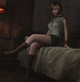  1girl 3d absurdres artist_request bed breasts full_body heather_mason highres jacket lips looking_at_viewer medium_breasts on_bed short_hair silent_hill silent_hill_(series) silent_hill_3 sitting skirt sleeveless sleeveless_turtleneck solo turtleneck vest wristband  rating:Sensitive score:14 user:fakyuh