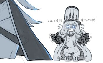 2girls abyssal_ship breasts c-string chibi cloak close-up colored_skin commentary_request cowboy_shot hat horns hypocrite kantai_collection large_breasts large_hat long_hair mechanical_arms multiple_girls non-treaty_cruiser_water_princess northern_water_princess o_o open_mouth oso_(toolate) sidelocks strapless_bottom thighhighs translation_request trembling white_cloak white_hair white_skin