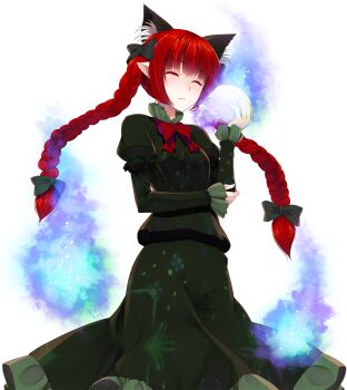  1girl animal_ear_fluff animal_ears bow braid cat_ears cat_tail closed_eyes closed_mouth commentary_request cowboy_shot crote extra_ears hair_bow hair_ornament highres hitodama holding holding_skull juliet_sleeves kaenbyou_rin large_variant_set long_hair long_sleeves multiple_tails pointy_ears puffy_sleeves red_hair rock shirt simple_background skirt skirt_set skull solo tail touhou transparent_background twin_braids variant_set 