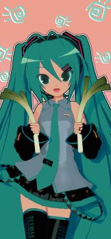  1girl 3d :d absurdres animasa_model_(mikumikudance) antenna_hair aqua_eyes aqua_hair bare_shoulders black_skirt black_thighhighs cowboy_shot detached_sleeves fang food hair_between_eyes hair_ornament hatsune_miku highres holding holding_food holding_spring_onion holding_vegetable ievan_polkka_(vocaloid) kio_(majin_kz) leekspin_(meme) long_hair looking_at_viewer meme mikumikudance_(medium) necktie open_mouth outline shirt skirt sleeveless sleeveless_shirt smile spring_onion thighhighs twintails variant_set vegetable very_long_hair vocaloid white_outline zettai_ryouiki 
