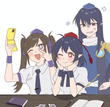  +_+ 3girls absurdres anger_vein black_bow black_bowtie black_hair black_necktie blue_dress blue_hat blush bow bowtie brown_hair cellphone closed_mouth collared_shirt commentary_request dress flip_phone hat highres himekaidou_hatate holding holding_phone iizunamaru_megumu multiple_girls necktie one_eye_closed open_mouth phone pointy_ears puffy_short_sleeves puffy_sleeves purple_eyes red_eyes sakic43899 selfie shameimaru_aya shirt short_sleeves simple_background smile star_(symbol) star_in_eye symbol_in_eye tokin_hat touhou twintails white_background white_shirt 