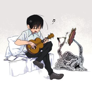  2boys asakura_(asakuraren01) black_hair black_pants book brown_shoes collared_shirt commentary crossed_legs full_body guitar highres hikaru_ga_shinda_natsu holding_tambourine indou_hikaru instrument male_focus mole mole_on_cheek mole_under_eye mole_under_mouth multiple_boys music musical_note pants playing_guitar playing_instrument shirt shoes short_hair singing sitting tsujinaka_yoshiki twitter_username untranslatable_commentary white_shirt 