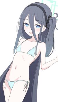 absurdres aris_(blue_archive) bikini black_hair black_hairband blue_archive blue_eyes bright_pupils hair_between_eyes hairband halo highres loli navel one_side_up ringed_eyes swimsuit white_pupils ypyp33333 rating:Questionable score:19 user:danbooru