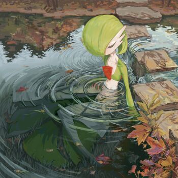  1girl arms_at_sides autumn_leaves bob_cut closed_eyes collarbone colored_skin day female_focus flat_chest full_body gardevoir gen_3_pokemon green_hair green_skin groin guo_biao_guo_hu hair_over_one_eye leaf multicolored_skin nintendo one_eye_covered outdoors partially_submerged pokemon pokemon_(creature) reflection reflective_liquid ripples short_hair sitting solo stream two-tone_skin u_u wariza white_skin  rating:General score:0 user:AngryZapdos