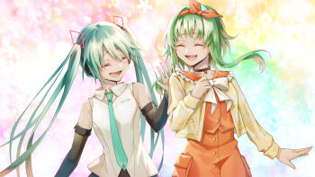  2girls a.i._voice absurdres blue_hair bow bow_hairband bowtie choker closed_eyes collared_shirt commentary_request detached_sleeves frilled_sailor_collar frills green_hair gumi gumi_(a.i._voice) hair_ornament hairband hand_on_another's_shoulder hand_on_own_chest hatsune_miku hatsune_miku_(vocaloid4) headphones highres jacket long_hair long_sleeves multiple_girls necktie open_mouth putty_(kusanntonn) rainbow_background sailor_collar see-through_clothes see-through_sleeves shirt short_hair_with_long_locks sleeveless sleeveless_shirt smile twintails v4x very_long_hair vocaloid 