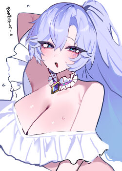  1girl absurdres alternate_costume alternate_hairstyle arm_behind_head arm_up bare_shoulders bikini blue_eyes blue_hair blush breasts brooch cantarella_(wuthering_waves) choker cleavage commentary_request curtained_hair diamond_(shape) dos_dos121 double-parted_bangs facial_mark frilled_bikini frilled_choker frills high_ponytail highres huge_breasts jewelry long_hair looking_at_viewer mark_under_eye mole mole_under_eye multicolored_eyes off-shoulder_bikini off_shoulder open_mouth ponytail purple_eyes ruffle_bikini shiny_skin simple_background solo sweat swimsuit translation_request two-tone_eyes upper_body white_background white_bikini white_choker wuthering_waves 