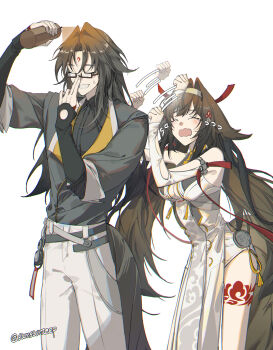  1boy 1girl animal_ears black_hair brother_and_sister brown_hair china_dress chinese_clothes clenched_hands closed_eyes crying dress droopy_ears facial_mark flying_teardrops forehead_mark fox_boy fox_ears fox_girl fox_tail glasses hair_ornament hashtag-only_commentary headband highres leg_tattoo long_hair multicolored_hair nanana184555 pants siblings spray_can streaked_hair sweatdrop tail tassel tattoo very_long_hair ye_shiyuan ye_shunguang zenless_zone_zero 