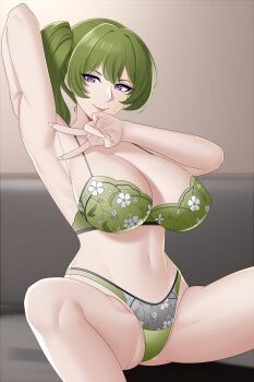  1girl aslindsamure bra breasts grey_hair large_breasts panties peace_symbol purple_eyes smile sousou_no_frieren ubel_(sousou_no_frieren) underwear  rating:Sensitive score:5 user:Ultimate52