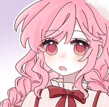  1girl bloom_poetry_(shining_nikki) bow bowtie braid chinese_commentary collared_shirt commentary_request eyelashes eyes_visible_through_hair fanfanjiadeayuanjiang frilled_shirt_collar frills fur_hat gradient_background halftone halftone_background hat highres light_blush long_hair looking_at_viewer low_twin_braids nikki_(nikki) nikki_(series) open_mouth outline pink_eyes pink_hair purple_background red_bow red_bowtie see-through_clothes see-through_shirt shining_nikki shirt sidelocks solo strap striped_clothes striped_shirt surprised twin_braids two-tone_background upper_body vertical-striped_clothes vertical-striped_shirt very_long_hair wavy_hair white_background white_hat white_outline white_shirt 